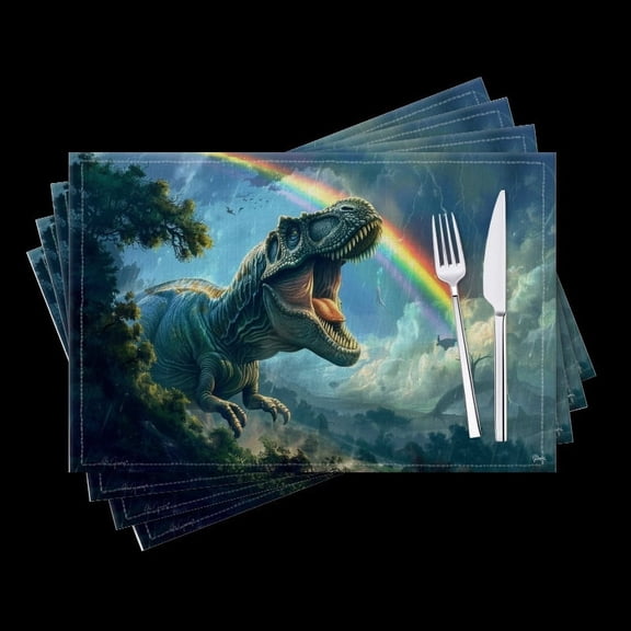 BaHomeck placemats Set of 4 T-Rex Soaring Through The Sky With Rainbows And Lush Greenery Cotton Linen rectangle Placemats for Kitchen Dining Table Indoor,Outdoor,18*12inch