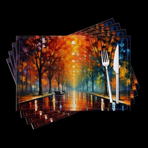 BaHomeck placemats Set of 4 The Trees With Colorful Leaves In The City With Wet Road Cotton Linen rectangle Placemats for Kitchen Dining Table Indoor,Outdoor,18*12inch