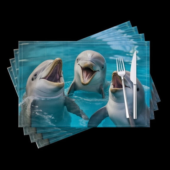 BaHomeck placemats Set of 4 Three Dolphins Smiling And Laughing In The Blue Pool Cotton Linen rectangle Placemats for Kitchen Dining Table Indoor,Outdoor,18*12inch