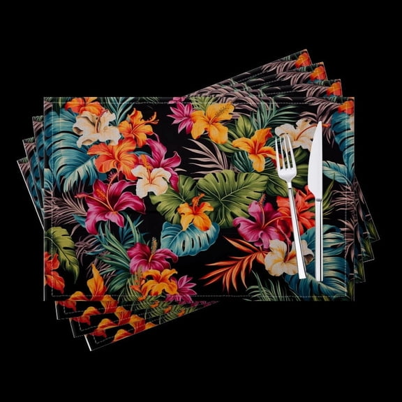 BaHomeck placemats Set of 4 Tropical Leaves And Colorful Flowers In Full Bloom Cotton Linen rectangle Placemats for Kitchen Dining Table Indoor,Outdoor,18*12inch