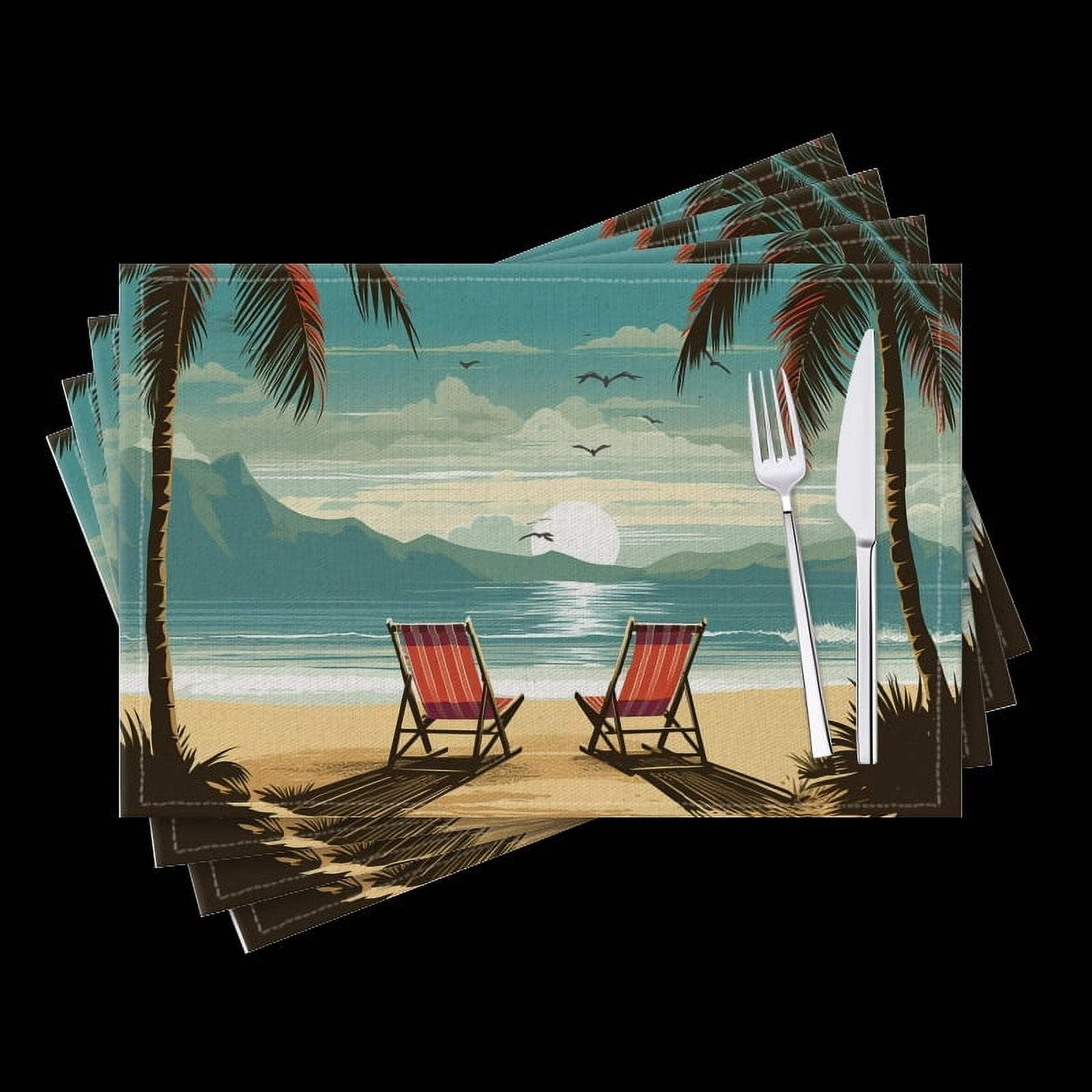 BaHomeck placemats Set of 4 Two Beach Chairs On The Sand Palm Trees And Mountains In The Background Cotton Linen rectangle Placemats for Kitchen Dining Table Indoor,Outdoor,18*12inch