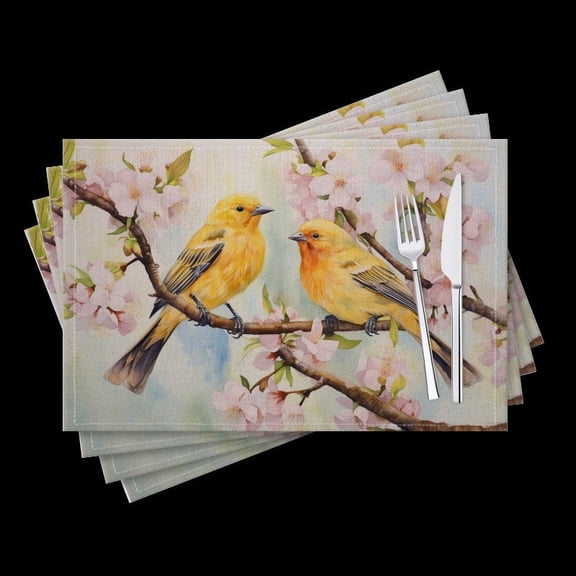 BaHomeck placemats Set of 4 Two Yellow Canary Birds Perched On Cherry Blossom Tree Branches Cotton Linen rectangle Placemats for Kitchen Dining Table Indoor,Outdoor,18*12inch