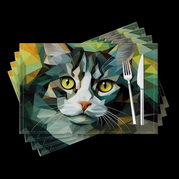 BaHomeck placemats Set of 4 Vector Illustration Of Low-Poly Cat Vector Art Cotton Linen rectangle Placemats for Kitchen Dining Table Indoor,Outdoor,18*12inch