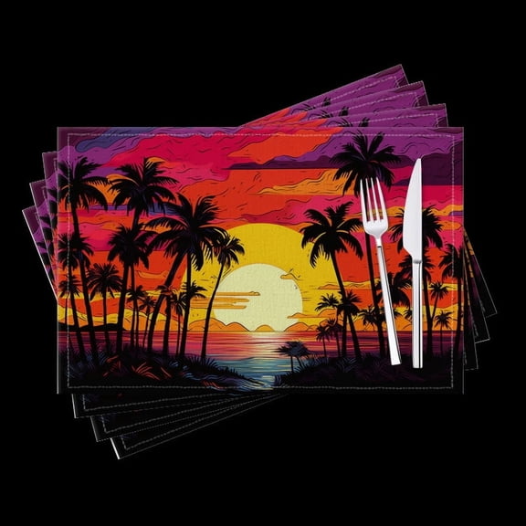 BaHomeck placemats Set of 4 Vector Illustration Of Sunset On The Beach With Palm Trees Cotton Linen rectangle Placemats for Kitchen Dining Table Indoor,Outdoor,18*12inch