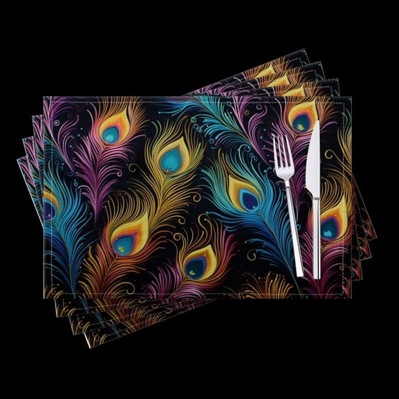 BaHomeck placemats Set of 4 Vibrant Pattern Of Colorful Peacock Feathers On Black Fabric Cotton Linen rectangle Placemats for Kitchen Dining Table Indoor,Outdoor,18*12inch