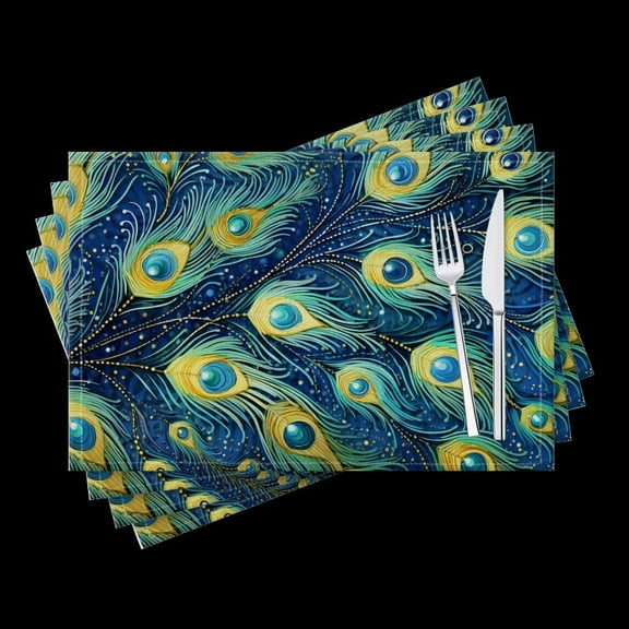 BaHomeck placemats Set of 4 Vibrant Pattern Of Peacock Feathers With Turquoise Cotton Linen rectangle Placemats for Kitchen Dining Table Indoor,Outdoor,18*12inch