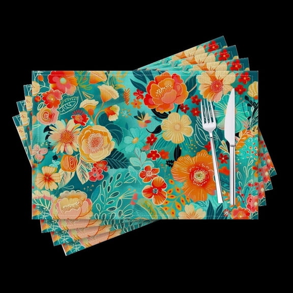 BaHomeck placemats Set of 4 Vibrant Pattern Of Turquoise And Coral Flowers Cotton Linen rectangle Placemats for Kitchen Dining Table Indoor,Outdoor,18*12inch