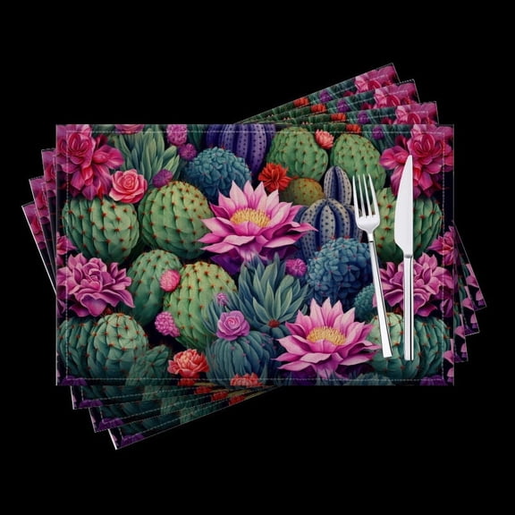 BaHomeck placemats Set of 4 Vibrant Pattern Of Various Cacti With Pink And Purple Flowers Cotton Linen rectangle Placemats for Kitchen Dining Table Indoor,Outdoor,18*12inch