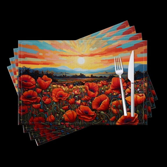 BaHomeck placemats Set of 4 Vibrant Poppy Field Under The Setting Sun Cotton Linen rectangle Placemats for Kitchen Dining Table Indoor,Outdoor,18*12inch