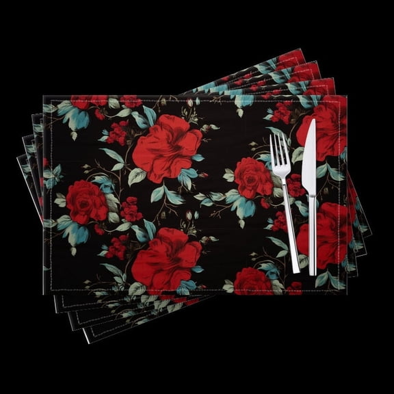 BaHomeck placemats Set of 4 Vibrant Red Floral Pattern On Black Featuring Roses Cotton Linen rectangle Placemats for Kitchen Dining Table Indoor,Outdoor,18*12inch