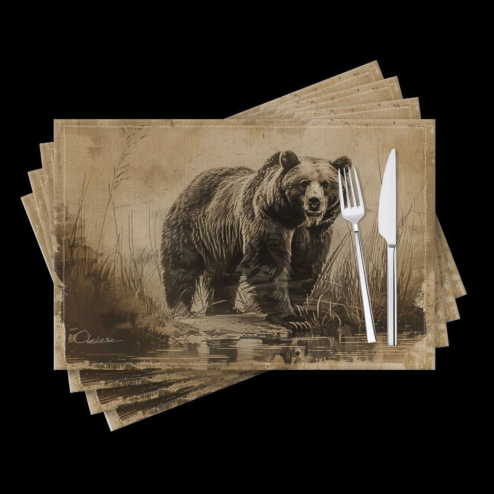 BaHomeck placemats Set of 4 Vintage Illustration Of Old Grizzly Bear Standing In The Water Cotton Linen rectangle Placemats for Kitchen Dining Table Indoor,Outdoor,18*12inch