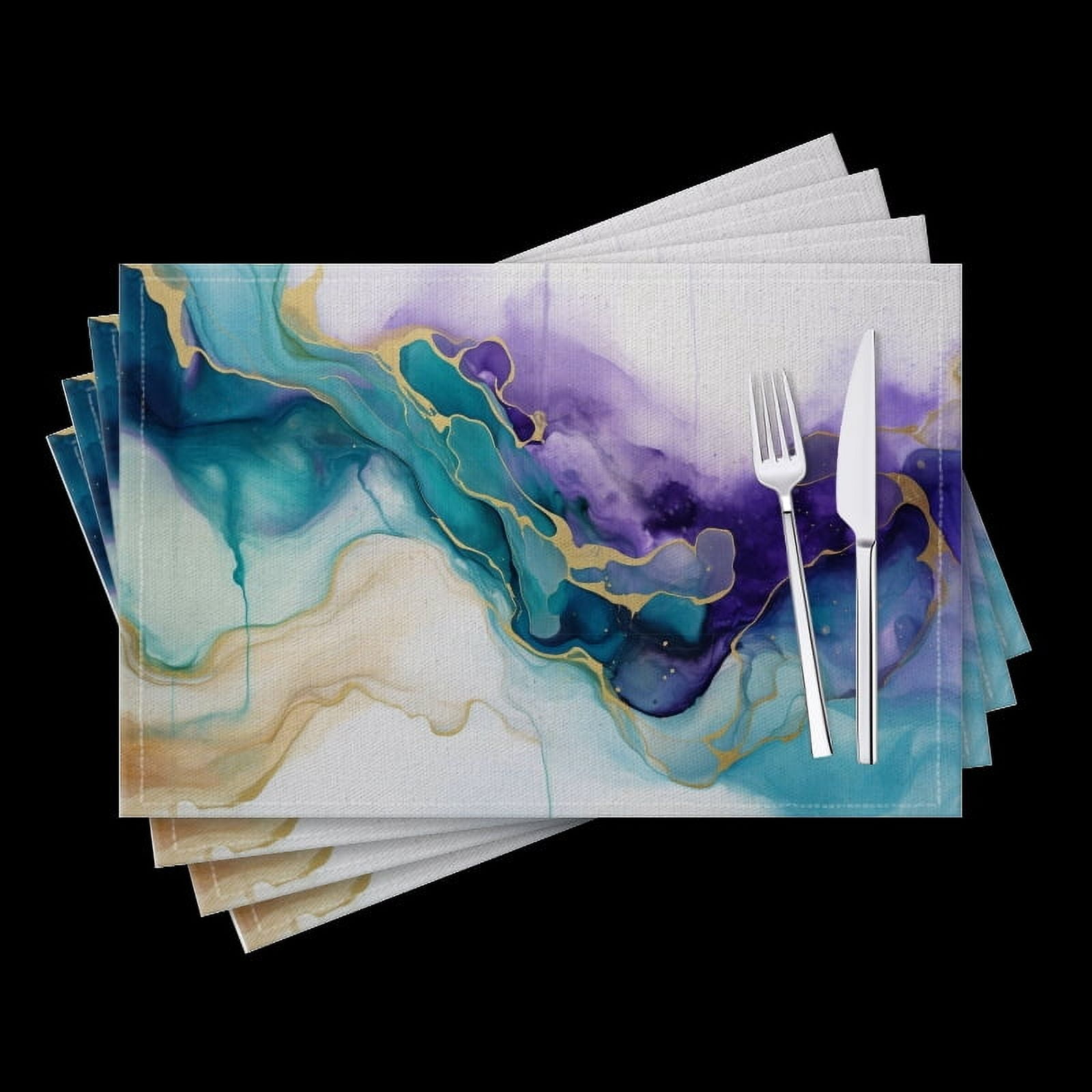BaHomeck placemats Set of 4 Watercolor Painting With Fluid Liquid Shapes In Teal And Purple Cotton Linen rectangle Placemats for Kitchen Dining Table Indoor,Outdoor,18*12inch