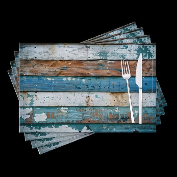 BaHomeck placemats Set of 4 Weathered Wooden Wall With Peeling Paint In Shades Of Blue Cotton Linen rectangle Placemats for Kitchen Dining Table Indoor,Outdoor,18*12inch