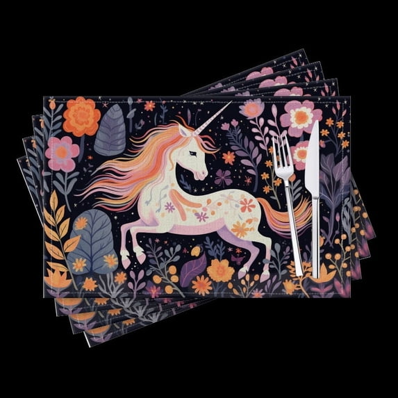 BaHomeck placemats Set of 4 Whimsical Unicorn Frolicking In Enchanted Garden Surrounded By Flowers Cotton Linen rectangle Placemats for Kitchen Dining Table Indoor,Outdoor,18*12inch
