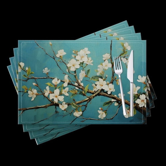 BaHomeck placemats Set of 4 White Flowers On Tree Branches In Aqua Background Cotton Linen rectangle Placemats for Kitchen Dining Table Indoor,Outdoor,18*12inch