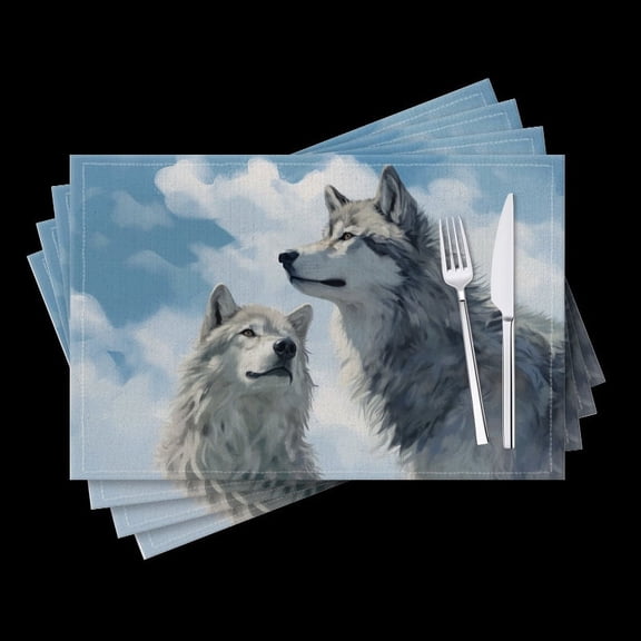 BaHomeck placemats Set of 4 White And Gray Wolves Looking Up At The Sky Cotton Linen rectangle Placemats for Kitchen Dining Table Indoor,Outdoor,18*12inch