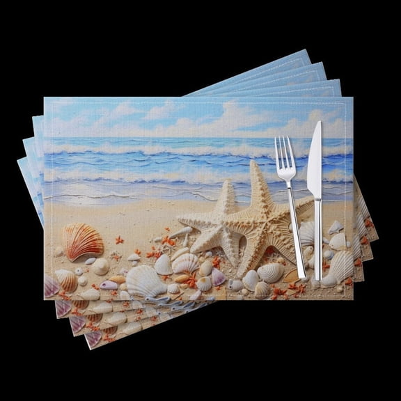 BaHomeck placemats Set of 4 White Starfish And Seashells On The Beach Cotton Linen rectangle Placemats for Kitchen Dining Table Indoor,Outdoor,18*12inch