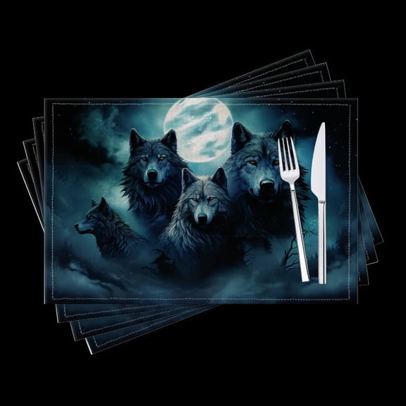 BaHomeck placemats Set of 4 Wolves Howling At Full Moon In The Background Cotton Linen rectangle Placemats for Kitchen Dining Table Indoor,Outdoor,18*12inch