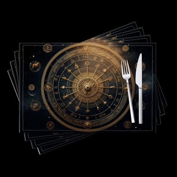 BaHomeck placemats Set of 4 Zodiac Wheel Surrounded By Golden Astrological Cotton Linen rectangle Placemats for Kitchen Dining Table Indoor,Outdoor,18*12inch