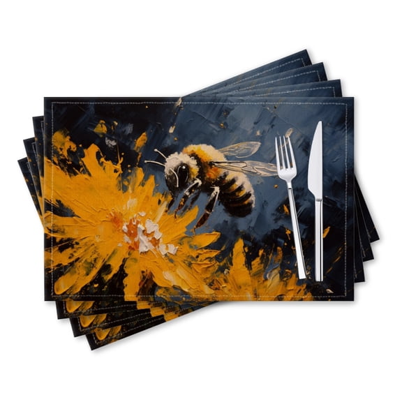 BaHomeck placemats Set of 4 rectangle Linen Cotton Placemats for Dining Table Washable Heat Resistant,18*12inch,Abstract Oil Painting Of Bee On Yellow Flower