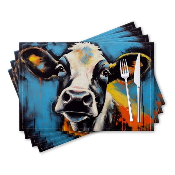 BaHomeck placemats Set of 4 rectangle Linen Cotton Placemats for Dining Table Washable Heat Resistant,18*12inch,Abstract Painting Of Black And White Cow With Blue Background