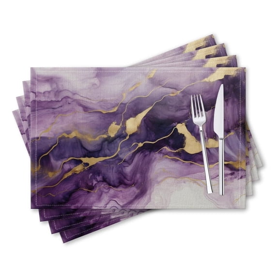 BaHomeck placemats Set of 4 rectangle Linen Cotton Placemats for Dining Table Washable Heat Resistant,18*12inch,Abstract Purple And Gold Marble Background With Golden Veins