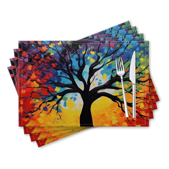 BaHomeck placemats Set of 4 rectangle Linen Cotton Placemats for Dining Table Washable Heat Resistant,18*12inch,Abstract Tree Of Life With Colorful Leaves