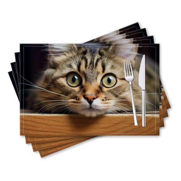 BaHomeck placemats Set of 4 rectangle Linen Cotton Placemats for Dining Table Washable Heat Resistant,18*12inch,Adorable Cat'S Face Peering Over The Edge Of Wooden Table