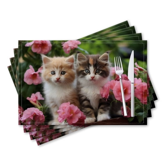 BaHomeck placemats Set of 4 rectangle Linen Cotton Placemats for Dining Table Washable Heat Resistant,18*12inch,Adorable Kittens Sitting In Pink Flowers