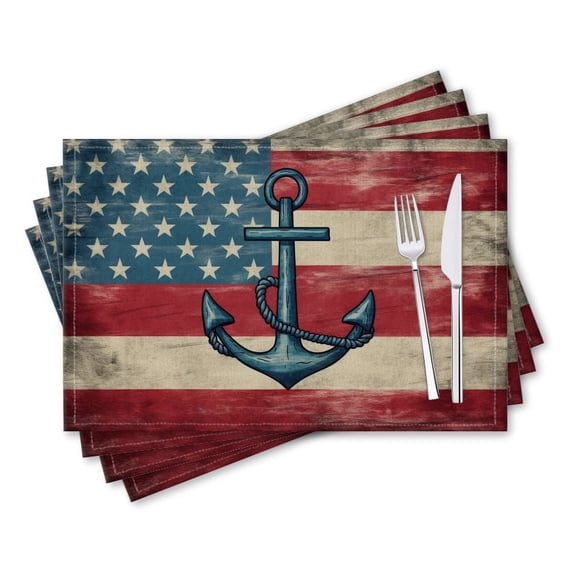 BaHomeck placemats Set of 4 rectangle Linen Cotton Placemats for Dining Table Washable Heat Resistant,18*12inch,American Flag With Boat Anchor In The Center