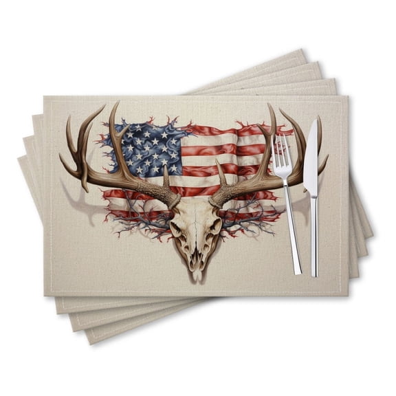 BaHomeck placemats Set of 4 rectangle Linen Cotton Placemats for Dining Table Washable Heat Resistant,18*12inch,American Flag Made From The Antlers And Skull Of White-Tailed Buck