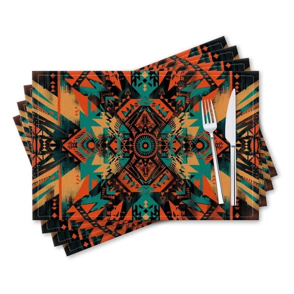 BaHomeck placemats Set of 4 rectangle Linen Cotton Placemats for Dining Table Washable Heat Resistant,18*12inch,Aztec Pattern In The Style Of Psychedelic Digital Art