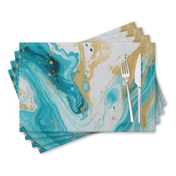 BaHomeck placemats Set of 4 rectangle Linen Cotton Placemats for Dining Table Washable Heat Resistant,18*12inch,Beautiful Abstract Marble Pattern In Teal And Gold