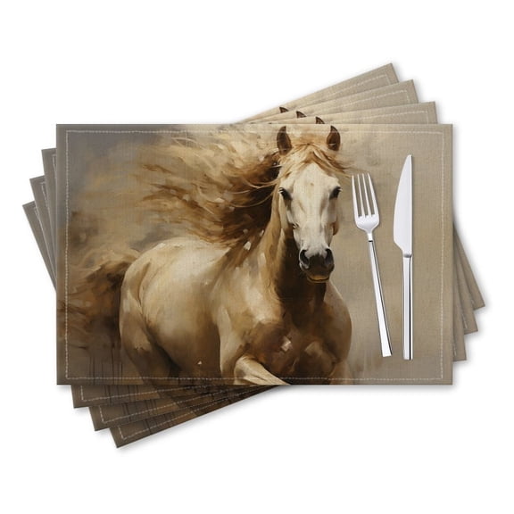 BaHomeck placemats Set of 4 rectangle Linen Cotton Placemats for Dining Table Washable Heat Resistant,18*12inch,Beautiful Beige Horse Running Depicting The Full Body