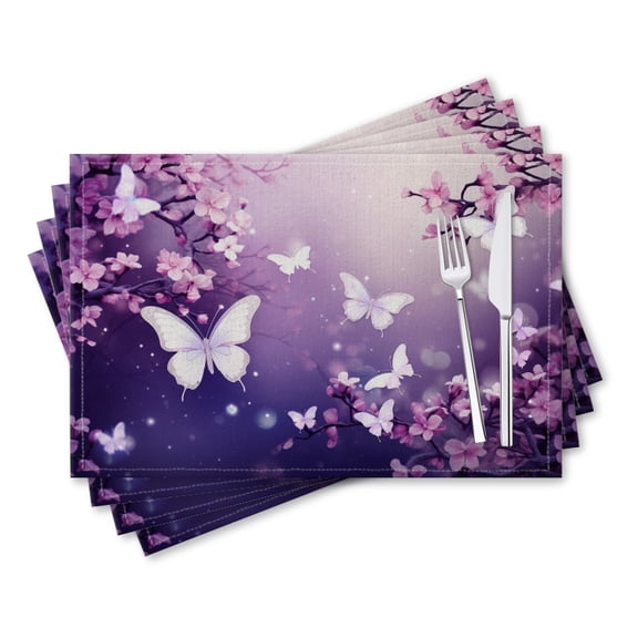 BaHomeck placemats Set of 4 rectangle Linen Cotton Placemats for Dining Table Washable Heat Resistant,18*12inch,Beautiful Butterflies Flying In The Purple Sky Surrounded By Pink Cherry Blossoms
