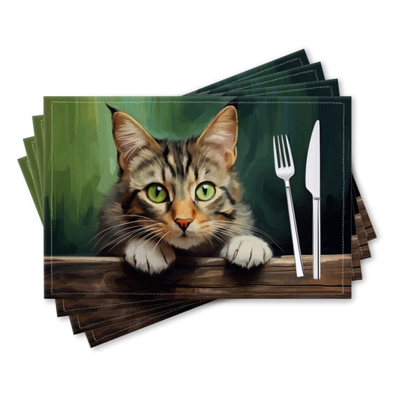 BaHomeck placemats Set of 4 rectangle Linen Cotton Placemats for Dining Table Washable Heat Resistant,18*12inch,Beautiful Cute Cat With Green Eyes Sitting On The Wooden Table