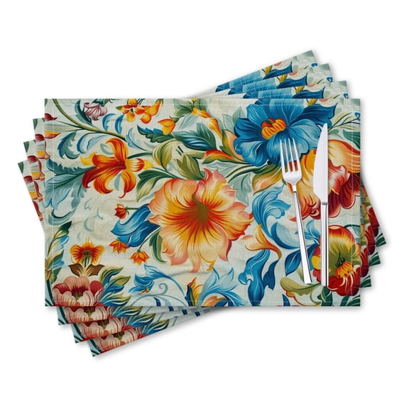 BaHomeck placemats Set of 4 rectangle Linen Cotton Placemats for Dining Table Washable Heat Resistant,18*12inch,Beautiful Floral Pattern In The Style Of Russian Folk Art