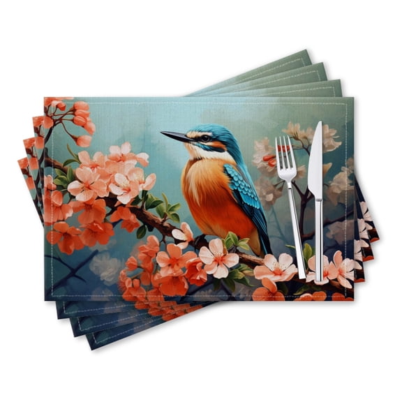 BaHomeck placemats Set of 4 rectangle Linen Cotton Placemats for Dining Table Washable Heat Resistant,18*12inch,Beautiful Kingfisher Sitting On The Branch Of Blooming Tree