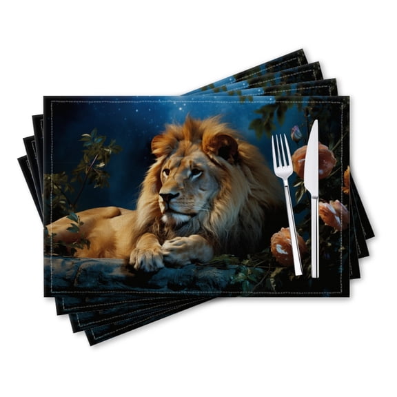 BaHomeck placemats Set of 4 rectangle Linen Cotton Placemats for Dining Table Washable Heat Resistant,18*12inch,Beautiful Lion Resting In The Night Surrounded By Beautiful Roses