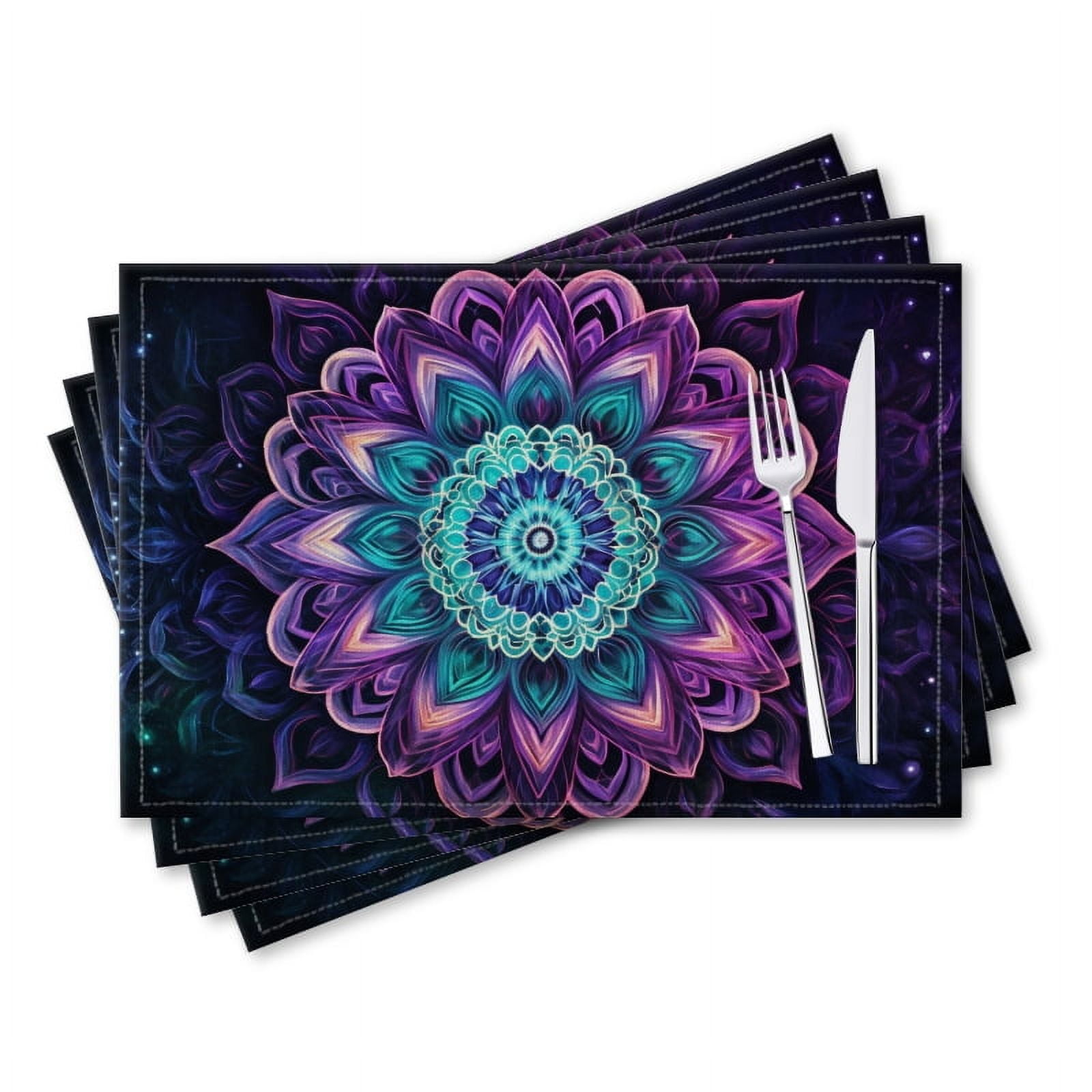 BaHomeck placemats Set of 4 rectangle Linen Cotton Placemats for Dining Table Washable Heat Resistant,18*12inch,Beautiful Mandala Glowing With Vibrant Colors Of Purple And Teal