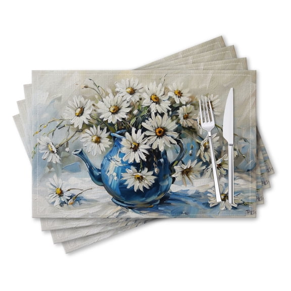 BaHomeck placemats Set of 4 rectangle Linen Cotton Placemats for Dining Table Washable Heat Resistant,18*12inch,Beautiful Oil Painting Of Daisies In Blue Teapot