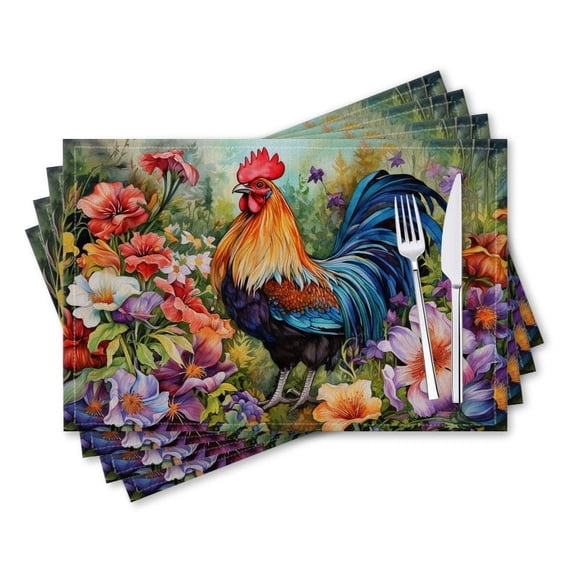 BaHomeck placemats Set of 4 rectangle Linen Cotton Placemats for Dining Table Washable Heat Resistant,18*12inch,Beautiful Rooster Standing In The Middle Of Colorful Flowers