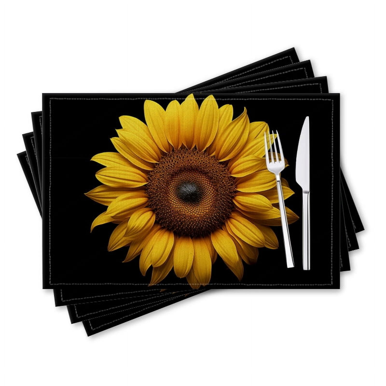 BaHomeck placemats Set of 4 rectangle Linen Cotton Placemats for Dining Table Washable Heat Resistant,18*12inch,Beautiful Sunflower Isolated On Black Background