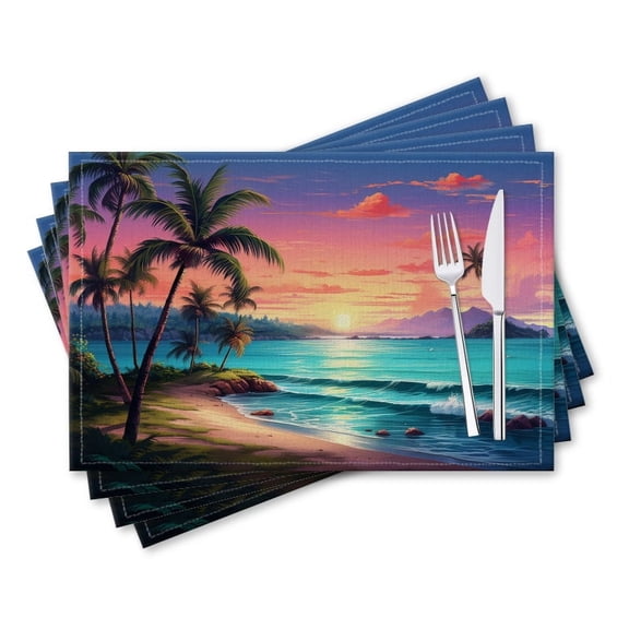 BaHomeck placemats Set of 4 rectangle Linen Cotton Placemats for Dining Table Washable Heat Resistant,18*12inch,Beautiful Tropical Beach With Palm Trees And The Sun Setting