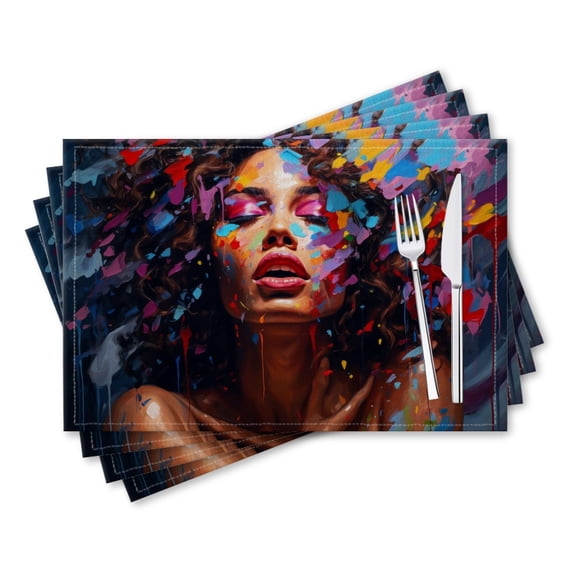 BaHomeck placemats Set of 4 rectangle Linen Cotton Placemats for Dining Table Washable Heat Resistant,18*12inch,Beautiful Woman With Brown Skin And Curly Hair