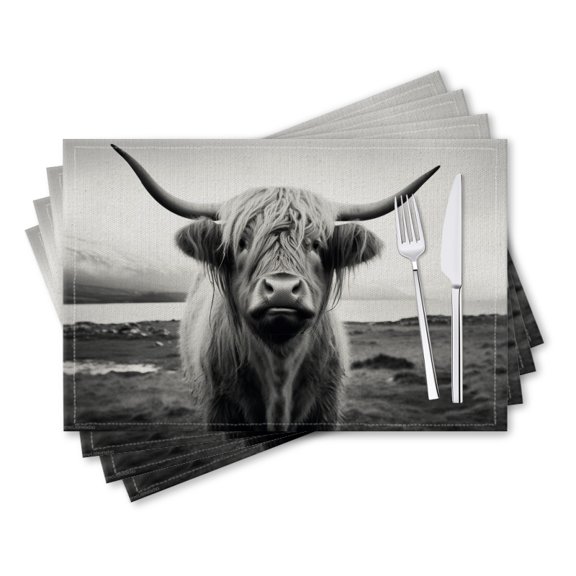 BaHomeck placemats Set of 4 rectangle Linen Cotton Placemats for Dining Table Washable Heat Resistant,18*12inch,Black And White Scottish Highland Cow Beautiful Drawing