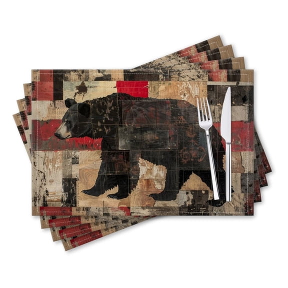 BaHomeck placemats Set of 4 rectangle Linen Cotton Placemats for Dining Table Washable Heat Resistant,18*12inch,Black Bear In The Style Of Fragmented Collage