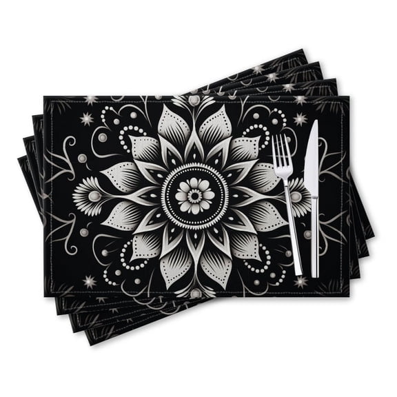 BaHomeck placemats Set of 4 rectangle Linen Cotton Placemats for Dining Table Washable Heat Resistant,18*12inch,Black And White Mandala With Intricate Floral Design