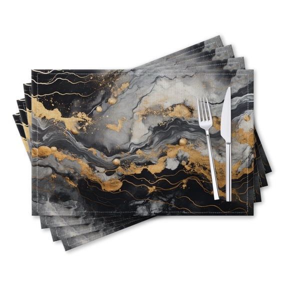 BaHomeck placemats Set of 4 rectangle Linen Cotton Placemats for Dining Table Washable Heat Resistant,18*12inch,Black And White Marble With Gold Accents