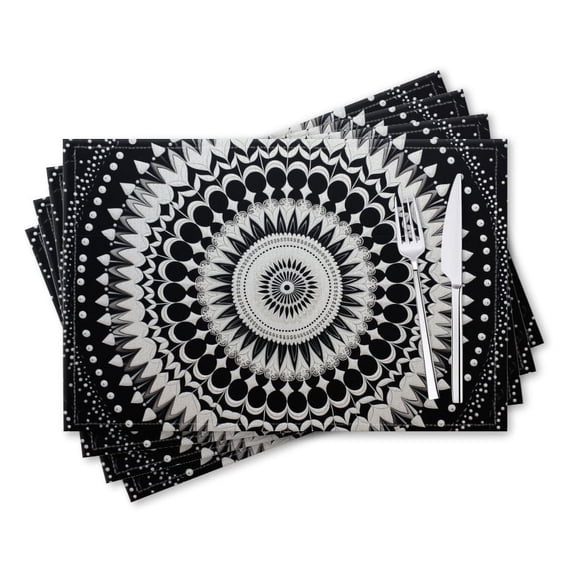 BaHomeck placemats Set of 4 rectangle Linen Cotton Placemats for Dining Table Washable Heat Resistant,18*12inch,Black And White Pattern Forming Elaborate Mandala